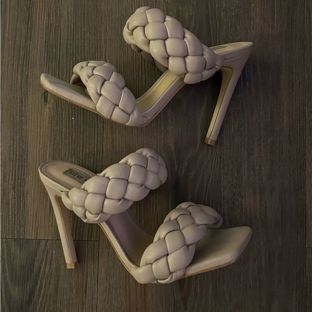 STEVE MADDEN WOMENS KENLEY TAUPE BRAIDED WOVEN SANDAL MULE HEELS SIZE 7.5